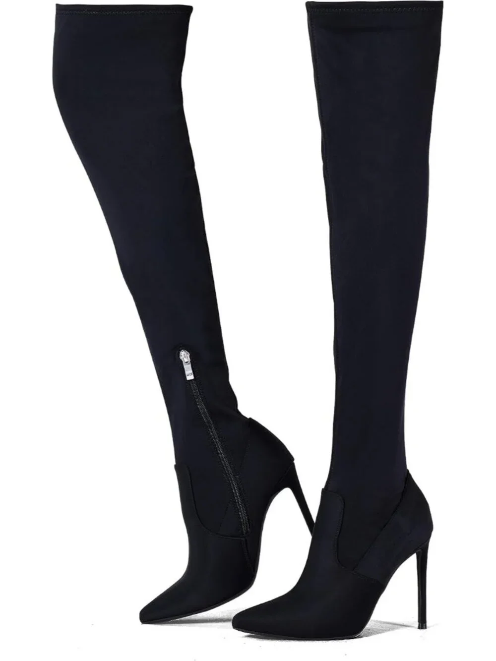 Women Black Neoprene Pointed Toe Suede Stiletto Heel Stretch Over The Knee Boots